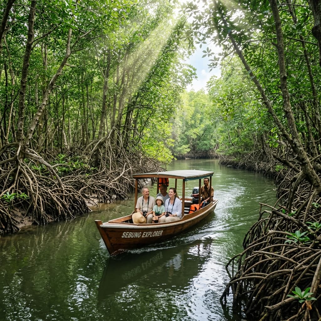 Mangrove river boat tour through tropical forest in Bintan